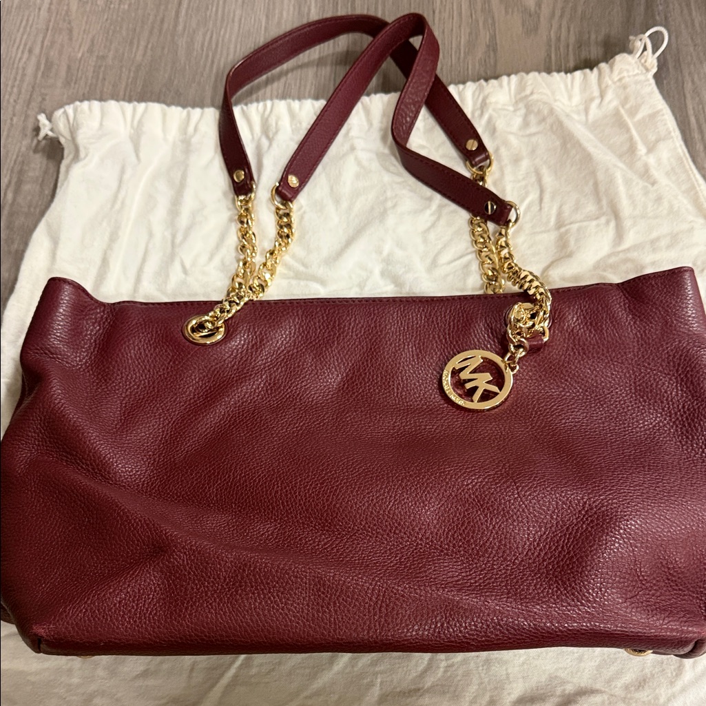 Michael By Michael Kors Wine Red Shoulder Bag With Gold Accents